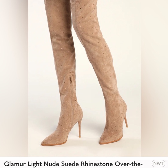 NWT Glamur Light Nude Suede Rhinestone Over-the-Knee Stiletto Boots - Picture 4 of 8